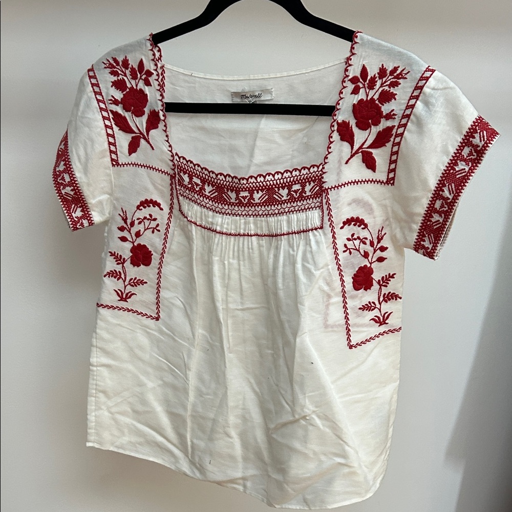 Madewell White Blouse with Red Embroidery